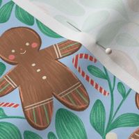 Festive Christmas Pattern with Mistletoe berries, Candy Canes, Cute Gingerbread Cookies: Winter Botanicals and Sweets for Holiday Celebration