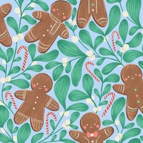 Festive Christmas Pattern with Mistletoe berries, Candy Canes, Cute Gingerbread Cookies: Winter Botanicals and Sweets for Holiday Celebration