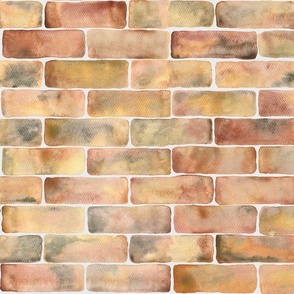large - Hand-painted watercolor red brick wall - natural terracotta stones on off-white