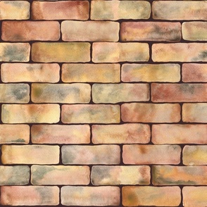 large - Hand-painted watercolor red brick wall - natural terracotta stones on dark taupe purple brown