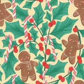 Festive Christmas Pattern with Holly berries, Candy Canes, Gingerbread Cookies on Yellow: Winter Berries and Treats for Holiday Celebration