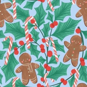 Festive Christmas Pattern with Holly berries, Candy Canes, Gingerbread Cookies on Blue: Winter Berries and Treats for Holiday Celebration