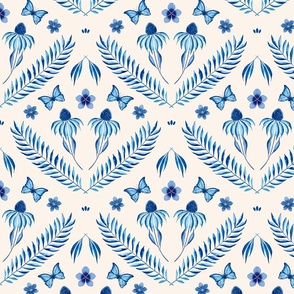 L-W-SERENITY IN BLOOM DAMASK WALLPAPER-C1-ORIGINAL-blue watercolour-damask-daisy-butterfly-botanical-leaf-frond 