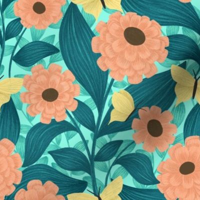 Butterfly Garden Pattern with Orange Zinnia Flowers and Yellow Butterflies: Pollinator Friendly Florals and Botanicals for Spring Pollen Party