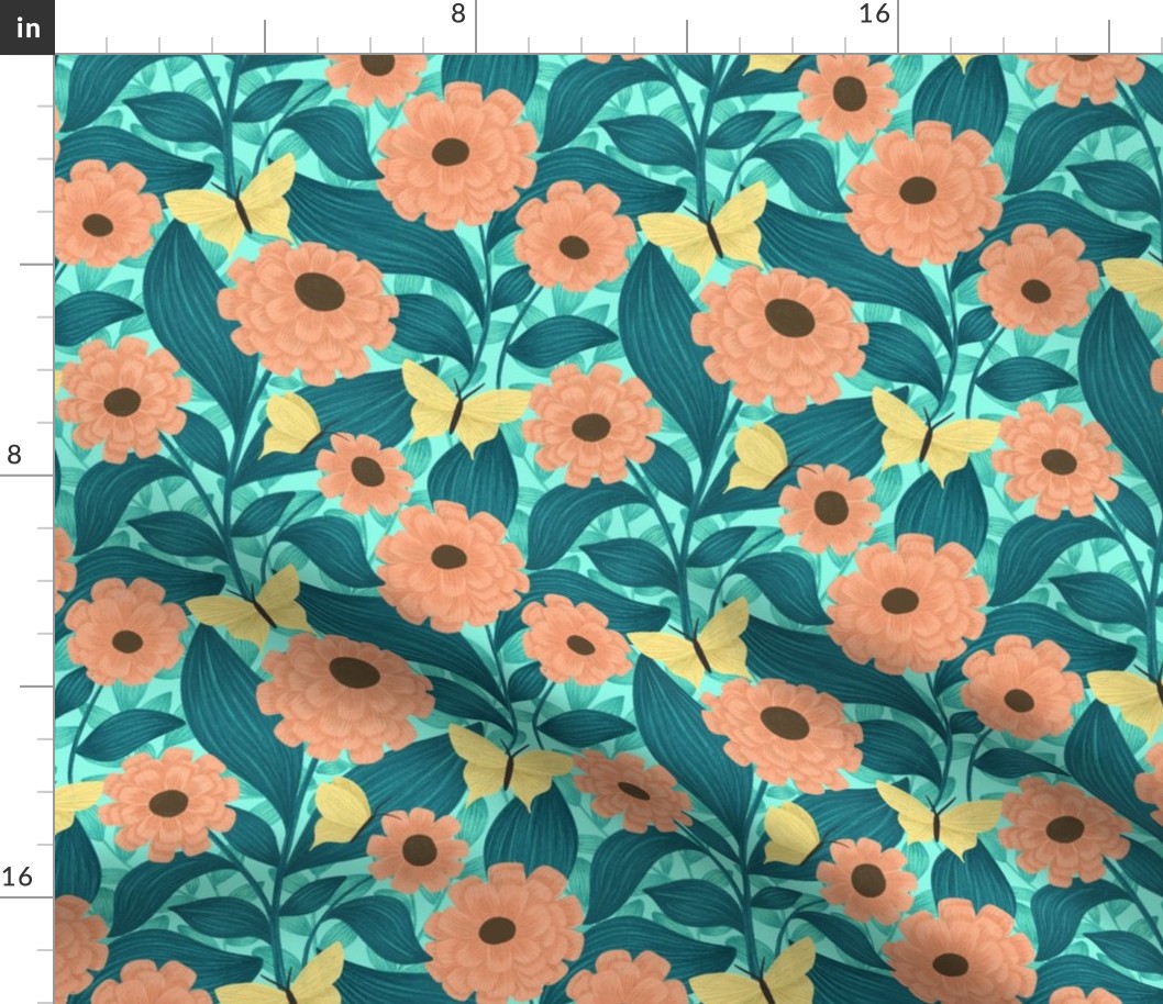 Butterfly Garden Pattern with Orange Zinnia Flowers and Yellow Butterflies: Pollinator Friendly Florals and Botanicals for Spring Pollen Party