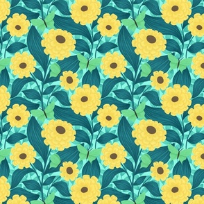 Butterfly Garden Pattern with Yellow Zinnia Flowers and Green Butterflies: Pollinator Friendly Florals and Botanicals for Spring Pollen Party