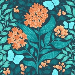 Butterfly Garden Pattern with Orange Milkweed Flowers, Teal Butterflies and Green Leaves: Pollinator Friendly Florals and Botanicals
