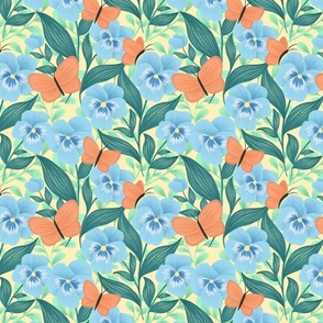 Butterfly Garden Pattern with Blue Common Pansies and Orange Butterflies: Pollinator Friendly Florals and Botanicals for Spring Pollen Party