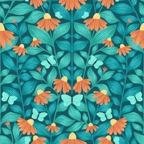 Butterfly Garden Pattern with Orange Coneflowers and Teal Butterflies: Symmetrical Pollinator Friendly Florals and Botanicals for Spring Pollen Party