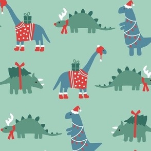 Christmas Holiday Dinosaurs on Green - 3 inch