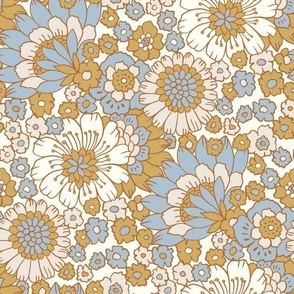 Western Flowers Mystic Plains Prairie Blooms Blue Mustard Cream White by Jac Slade