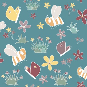Fluttering Wings, large, Butterflies and bees dance amidst flowers and grass, charming pattern, blooming, Springtime, Easter dress, girls room, nature Nursery