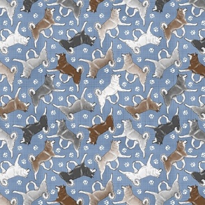 Trotting Alaskan Klee Kai and paw prints - faux denim