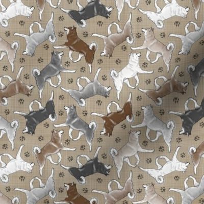 Tiny Trotting Alaskan Klee Kai and paw prints - faux linen