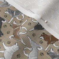 Tiny Trotting Alaskan Klee Kai and paw prints - faux linen