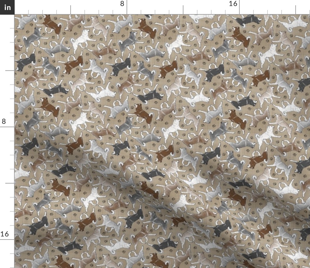 Tiny Trotting Alaskan Klee Kai and paw prints - faux linen