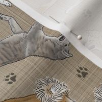 Trotting Japanese Akita Inu and paw prints - faux linen