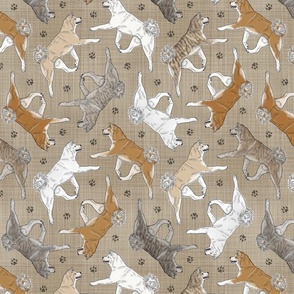 Trotting Japanese Akita Inu and paw prints - faux linen