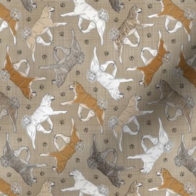 Tiny Trotting Japanese Akita Inu and paw prints - faux linen