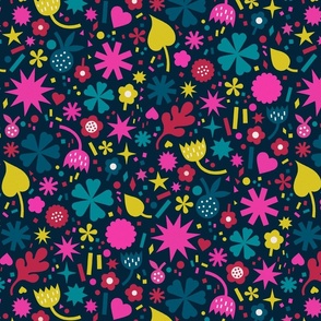 Bright bold floral and geometric shapes (Dark Blue) - Small