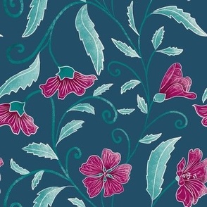 Pink florals and light green leaves against a dark teal background, elegant design for romantic and feminine projects