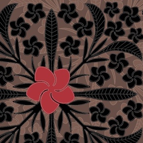 large black and red Plumeria Ulu Kalo Quilt on poi with small pattern
