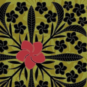 large black and red Plumeria Ulu Kalo Quilt on sage with small pattern