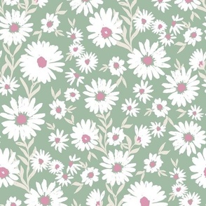 Western Daisy - Mystic Plains Daisy Field Green white pink by Jac Slade