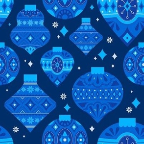 Blue Vintage Patterned Christmas Ornaments and Twinkle Stars