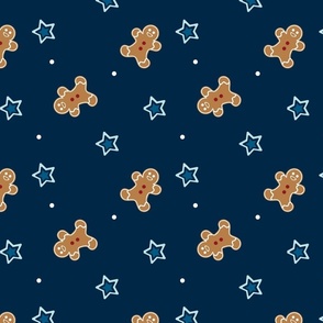 Gingerbread Men with Blue Stars, and White Dots on Dark Blue