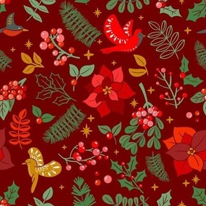 Festive Folklore Red Christmas Flowers and Birds