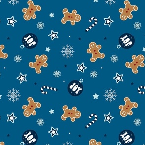 Gingerbread Men, Candy Canes, Joy Ornaments, and Stars in Blues with Silver Snowflakes