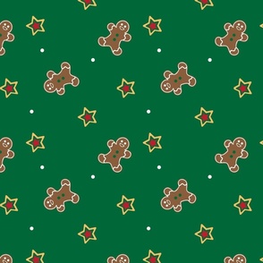 Gingerbread Men with Red and Gold Stars on Dark Green