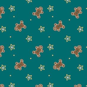 Gingerbread Men with Silver and Gold Stars on Teal