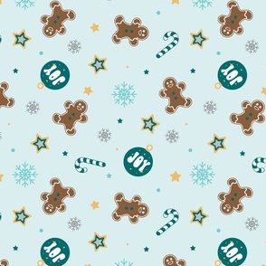 Gingerbread, Joy Ornaments, Candy Canes, Snowflakes and Stars in Teal on Baby Blue with Gold