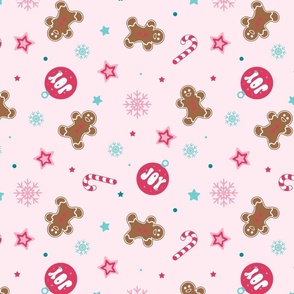 Gingerbread, Candy Canes, Snowflakes, and Stars in Pinks Baby Blue