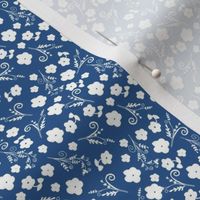 Small White Flowers & Vetch on Denim Blue: Small Calico