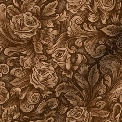 Carved Tooled Leather Look Roses saddle brown