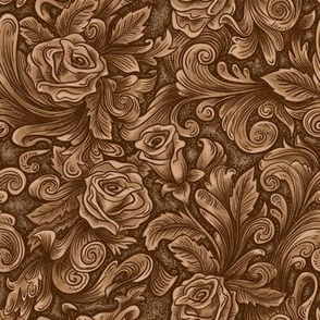 Carved Tooled Leather Look Roses saddle brown