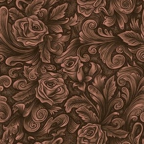 Carved tooled leather look Roses in warm pinky brown