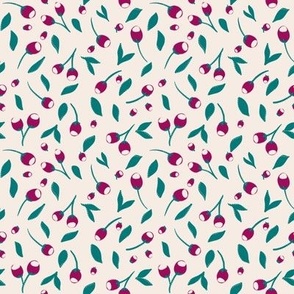 Small scale berries pink and teal blue against cream white background