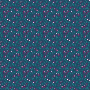 Small scale berries pink and teal blue against dark blue background