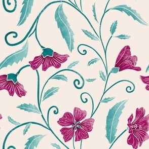 Pink florals and light green leaves against a creamy white  background, elegant design for romantic and feminine projects