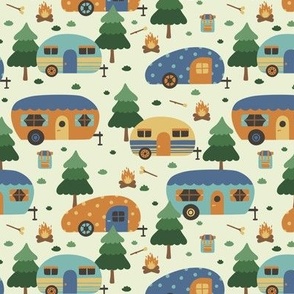 Campers in Muted Blue & Orange (Small Scale)