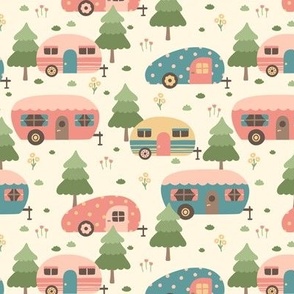 Cute Campers in Pink Teal Green (Small Scale)