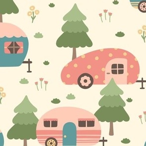 Cute Campers in Pink Teal Green (Large Scale)