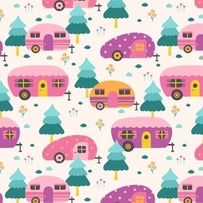 Cute Campers in Pink Purple Teal (Small Scale)