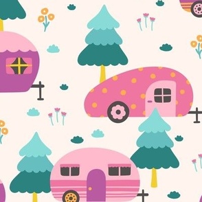 Cute Campers in Pink Purple Teal (Large Scale)