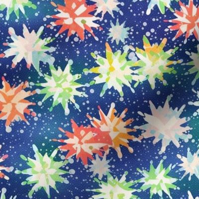 rainbow snowflake flowers falling from the sky inspired by seurat