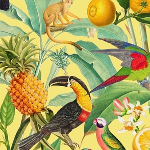 28" Costumer Wish for Curtains: Exotic Jungle Beauty: A Vintage Botanical Pattern Featuring tropical Fruits, palm leaves, colorful Toucan birds, monkeys and parrots sunny yellow